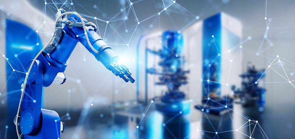 A concept image showing a visual representation of a network superimposed over a factory robot arm. 